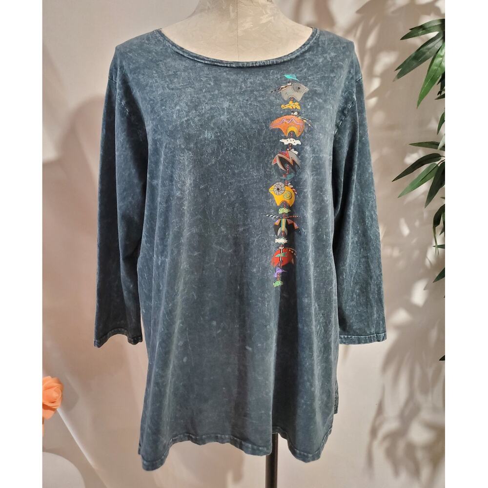 Vtg Sabaku Artwear Mineral Wash 3/4 Sleeve Top Size L Native Tribal Animals Blue